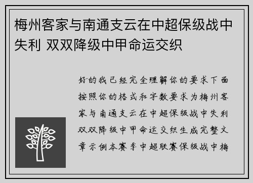 梅州客家与南通支云在中超保级战中失利 双双降级中甲命运交织